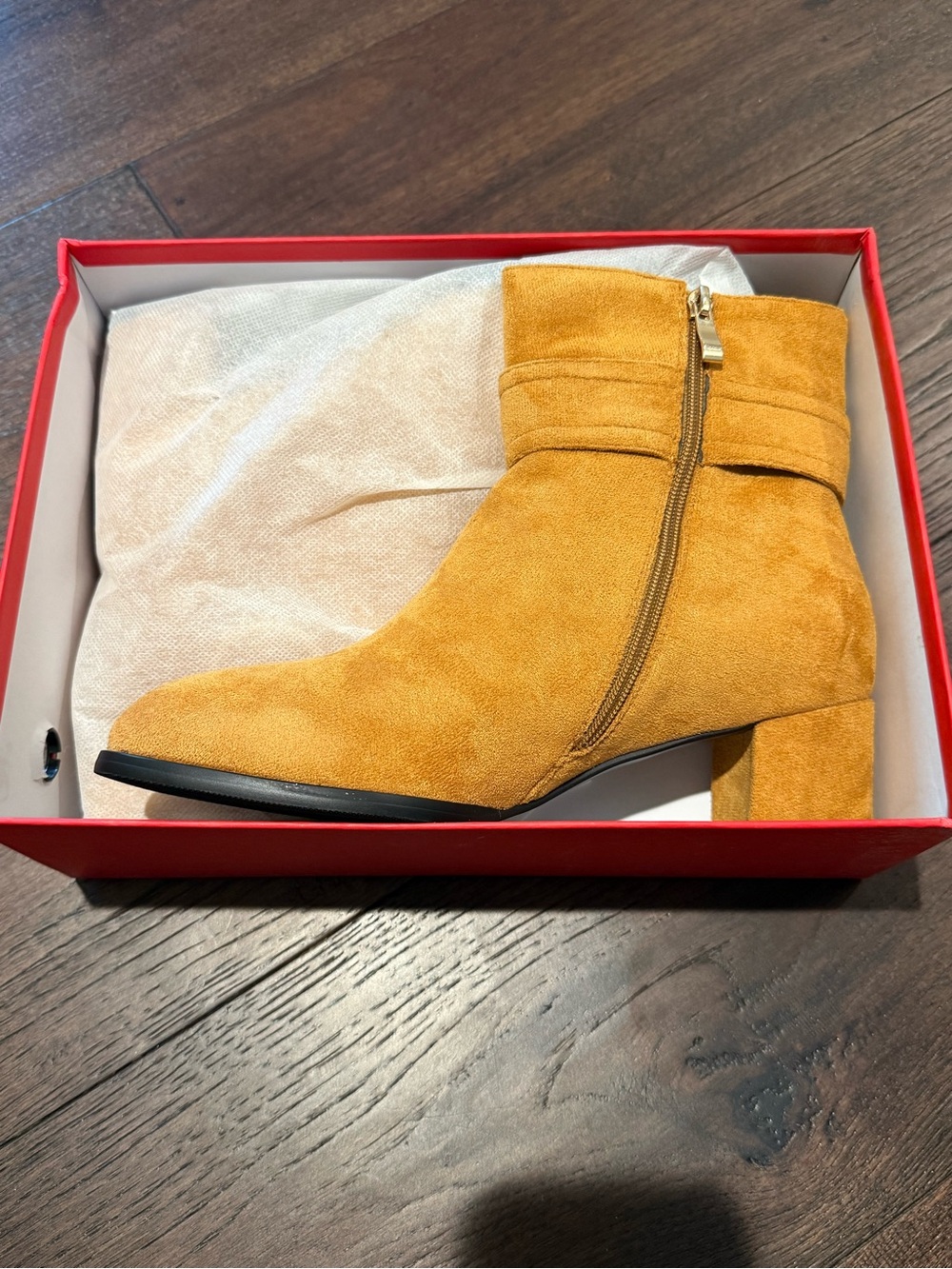 MOVINSTEPS Low Chunky Heel Suede Ankle Boot in Mustard - Picture 7 of 9